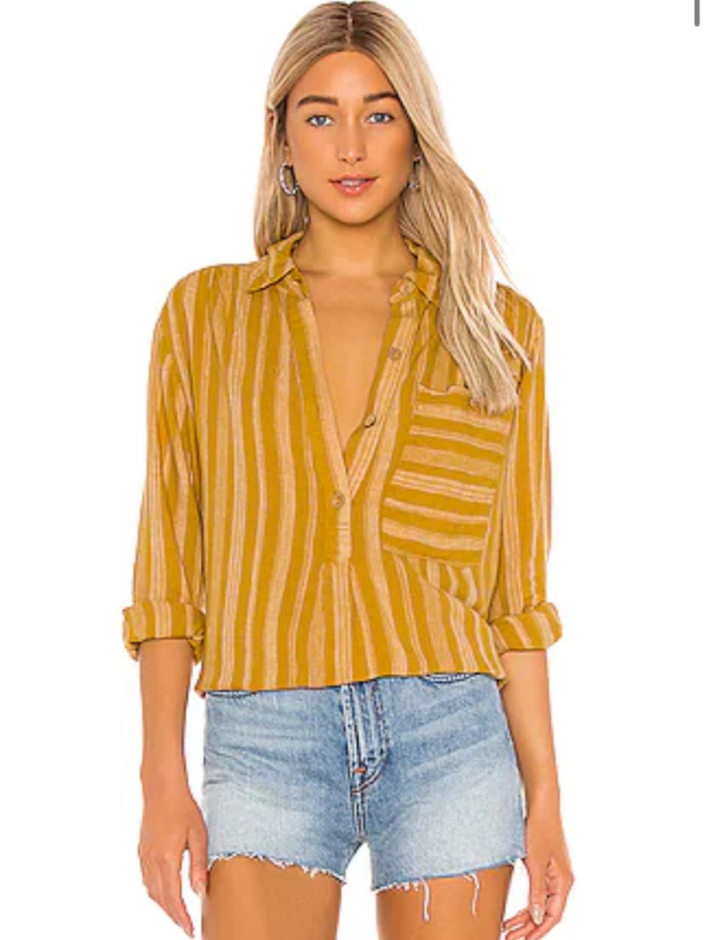 FP Summer Breeze Tunic Top Mustard We The Free Linen Blend Henley Blouse Beach